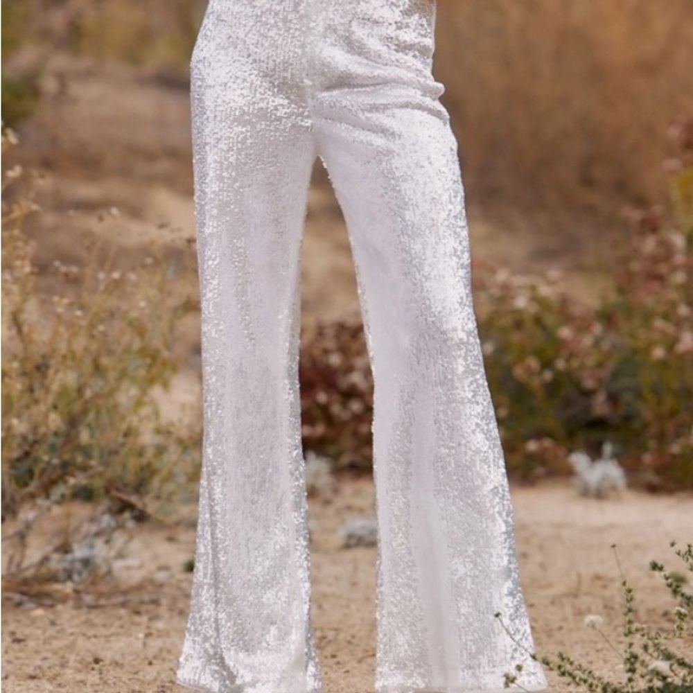 12th Tribe White Sequin Wide Leg Pants